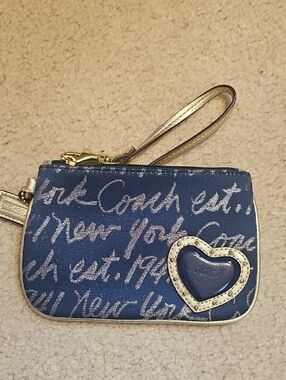COACH Navy Script Heart Wristlet - Navy and Gold